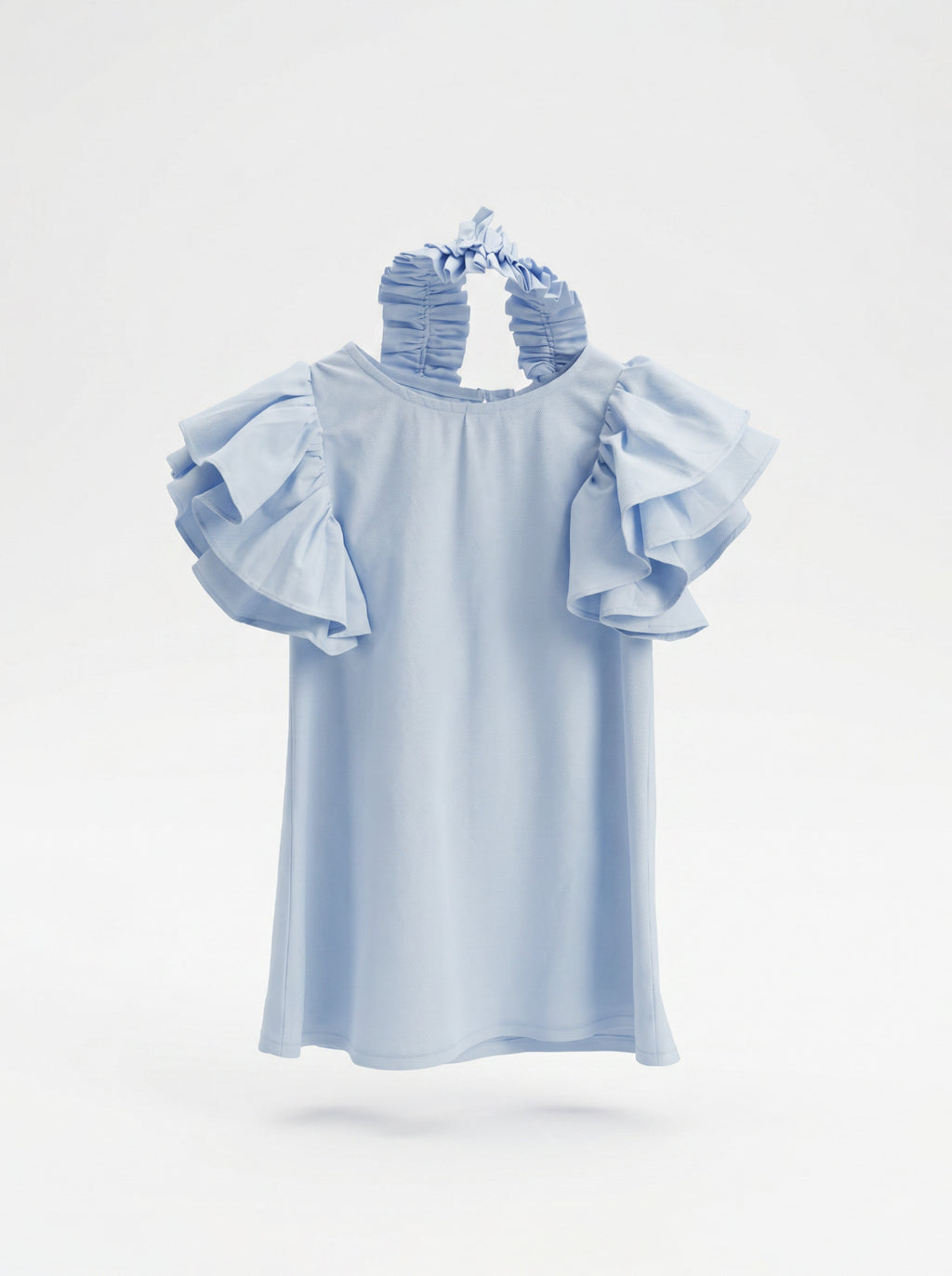 Girls Sky Blue A-Line Dress with Triple-Tier Ruffle Sleeves & Matching Scrunchie