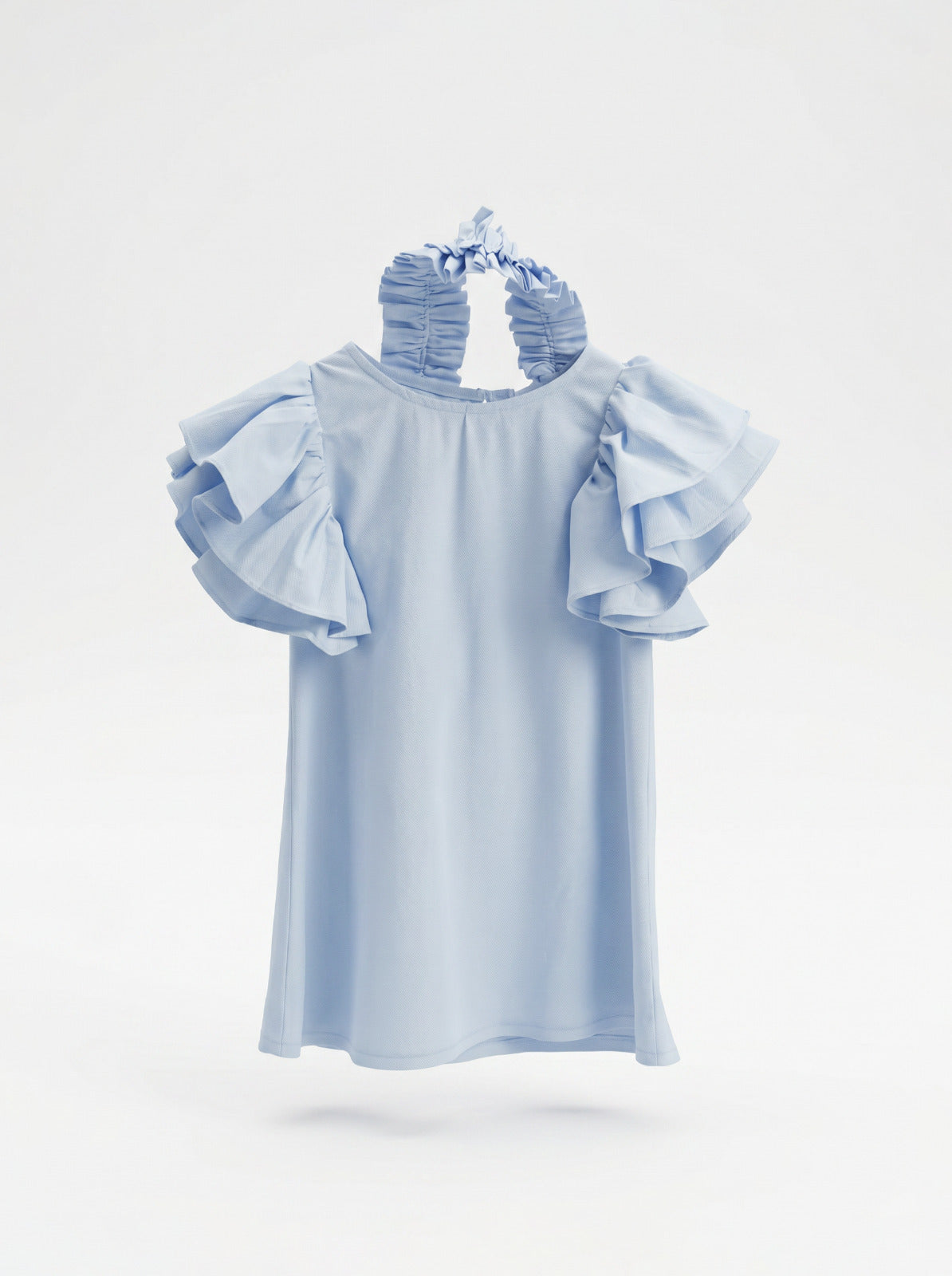 Girls Sky Blue A-Line Dress with Triple-Tier Ruffle Sleeves & Matching Scrunchie