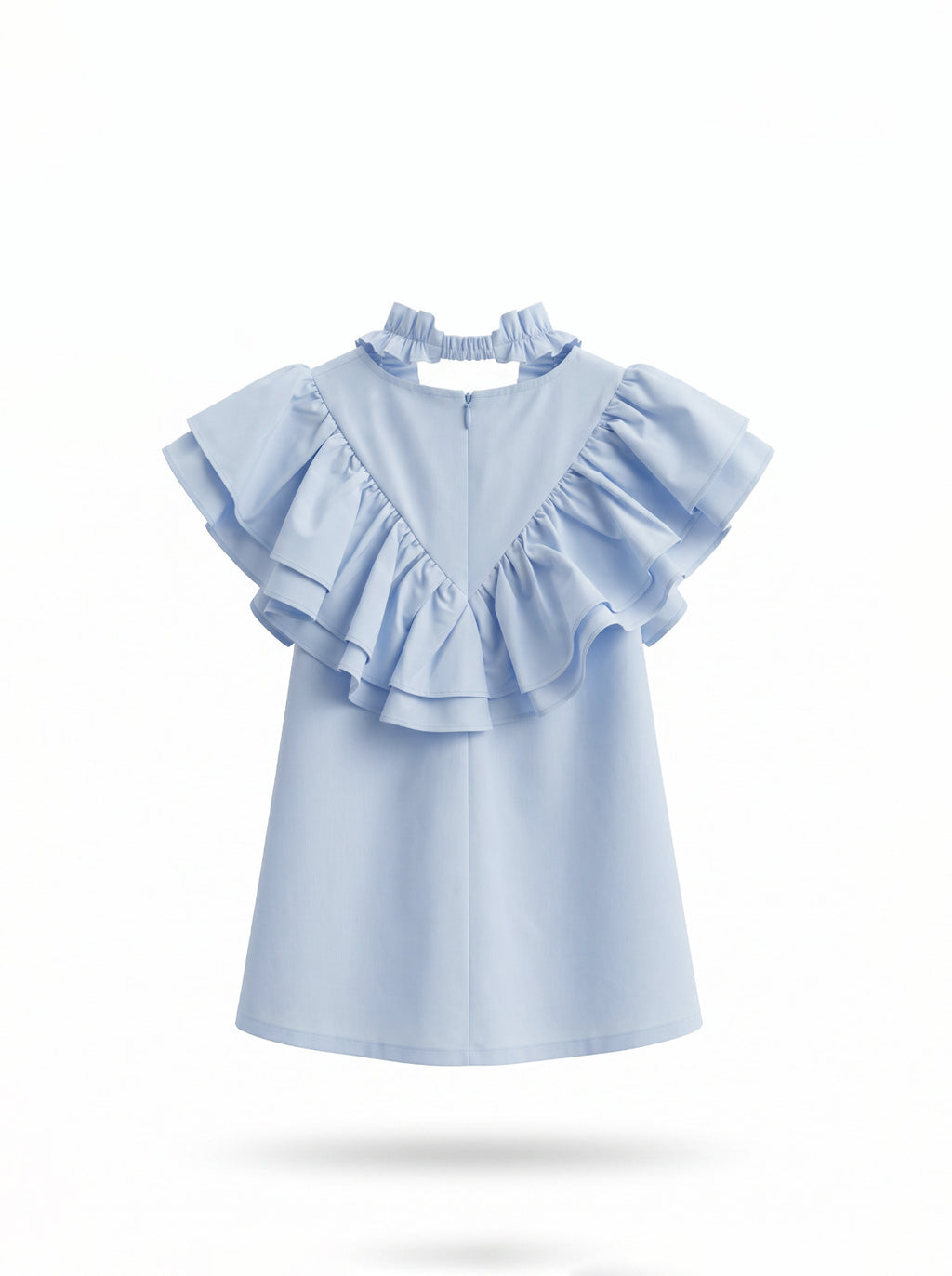 Girls Sky Blue A-Line Dress with Triple-Tier Ruffle Sleeves & Matching Scrunchie