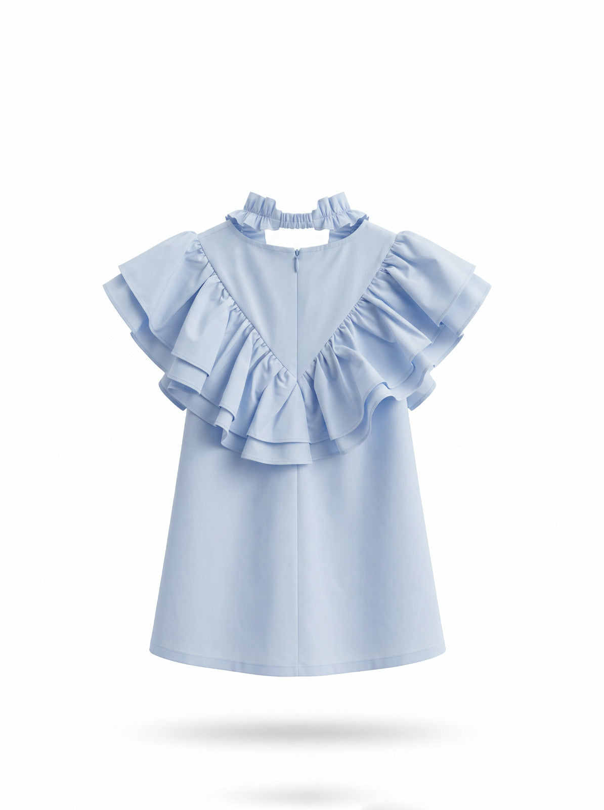Girls Sky Blue A-Line Dress with Triple-Tier Ruffle Sleeves & Matching Scrunchie