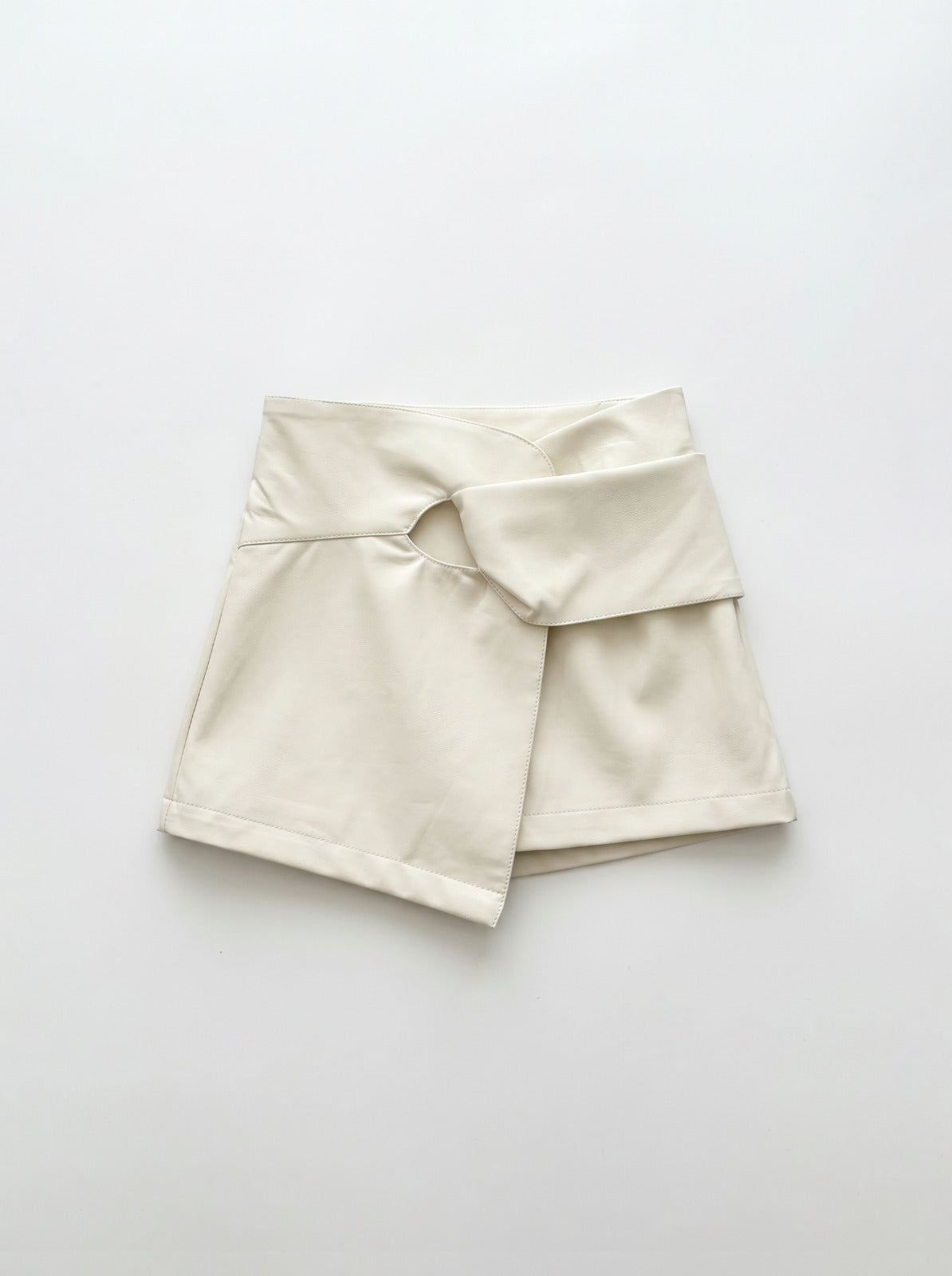 Girls Cream Faux Leather Asymmetric Wrap Mini Skirt with Knotted Waist Detail