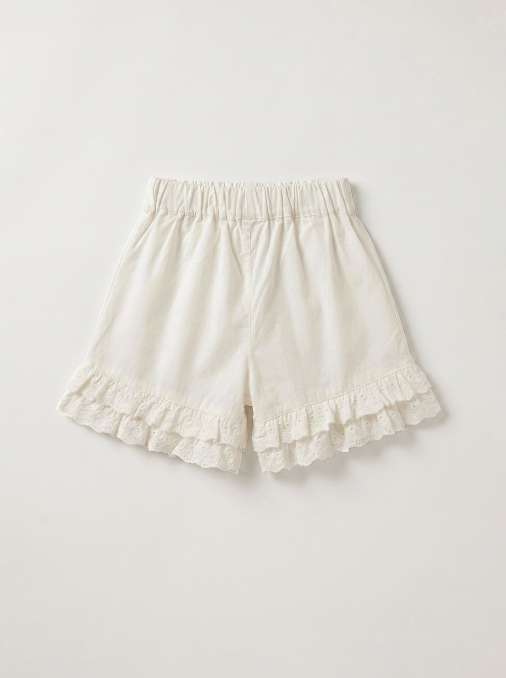 Girls Cream Wide-Leg Shorts with Double-Layer Broderie Anglaise Ruffle Hem
