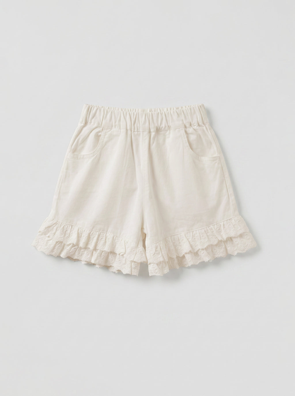 Girls Cream Wide-Leg Shorts with Double-Layer Broderie Anglaise Ruffle Hem