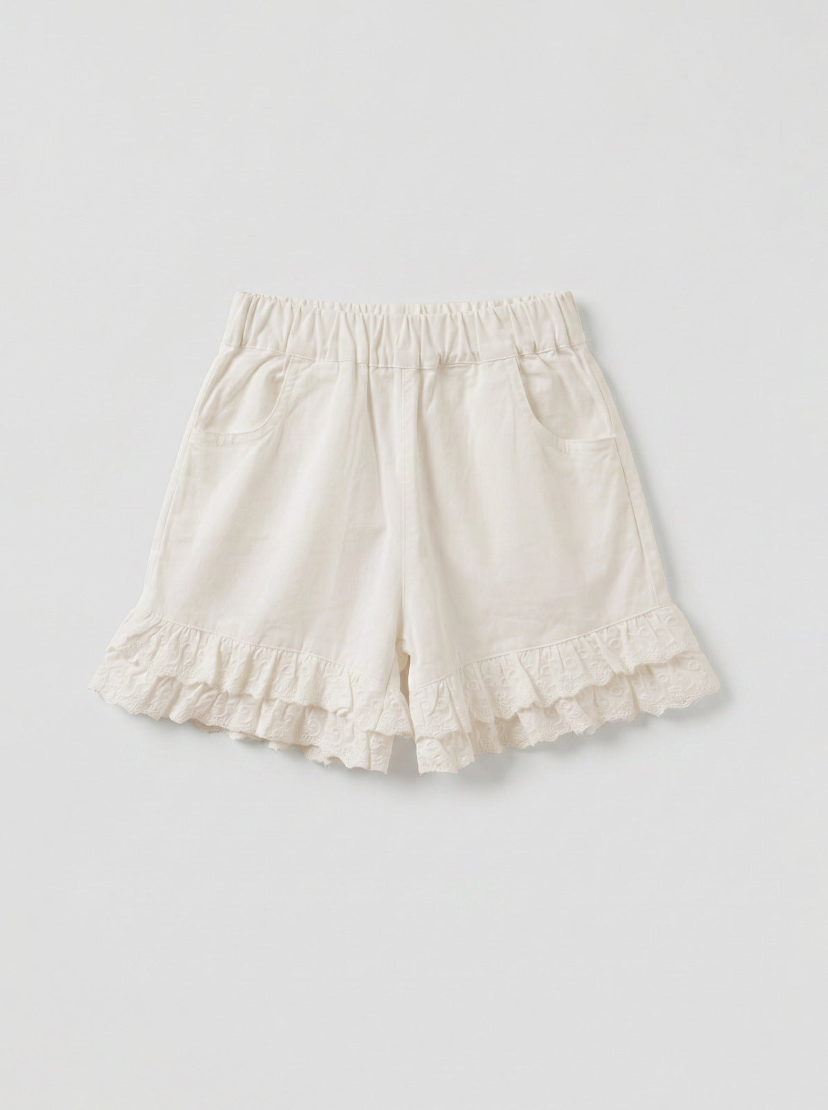 Girls Cream Wide-Leg Shorts with Double-Layer Broderie Anglaise Ruffle Hem