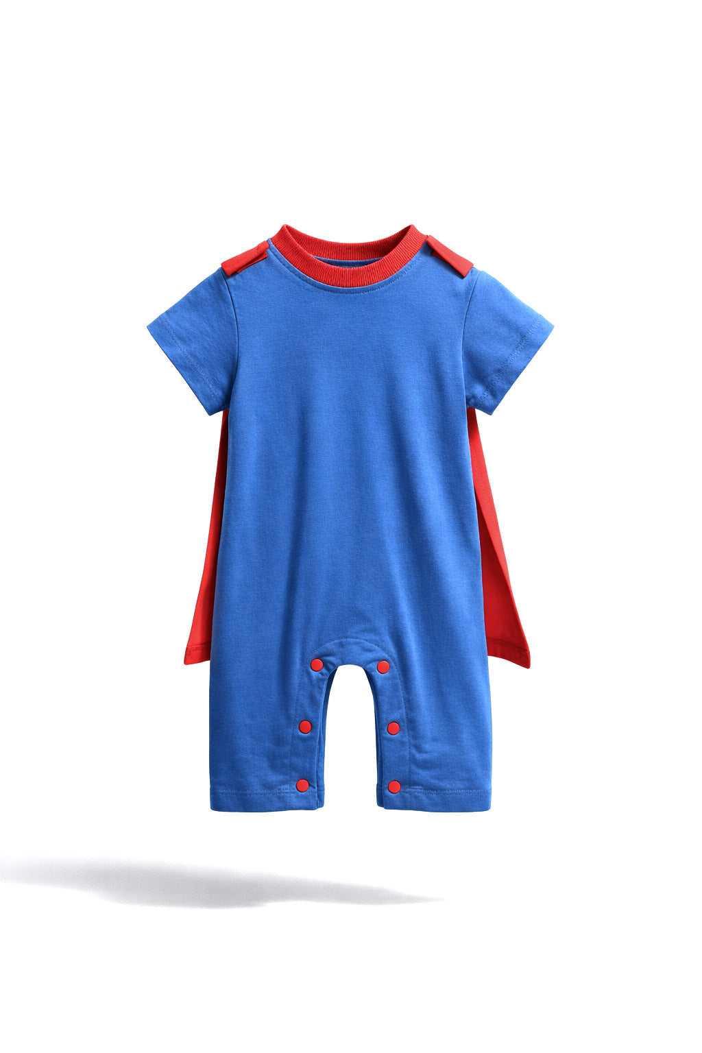 Baby Blue Superhero Short-Sleeve Romper with Red Cape & Snap Buttons