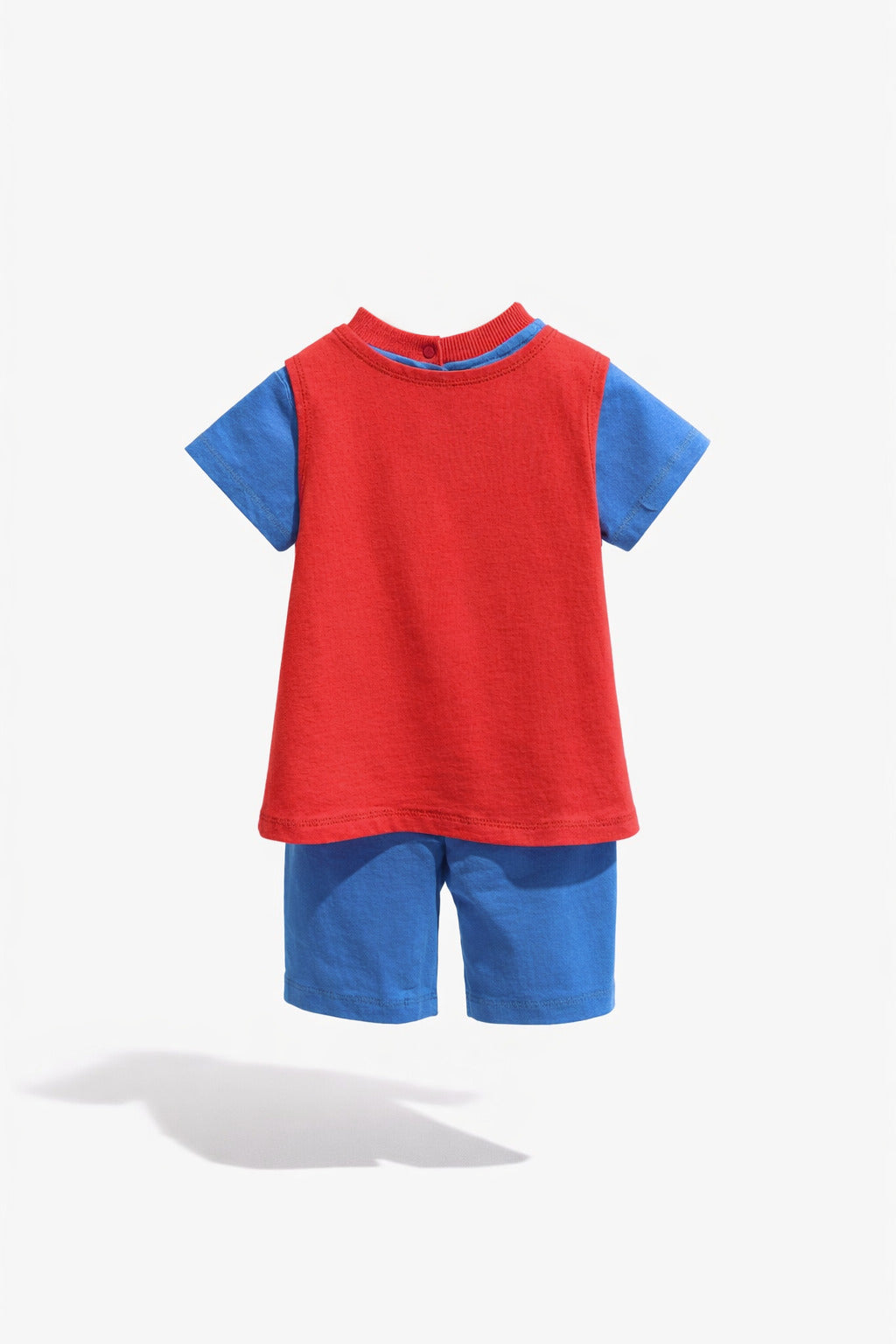Baby Blue Superhero Short-Sleeve Romper with Red Cape & Snap Buttons