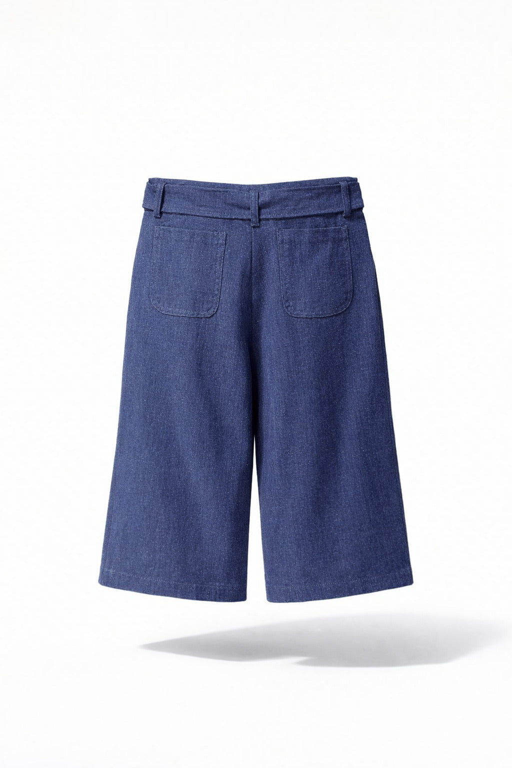 Girls Navy Denim-Look Wide-Leg Culotte Pants with Self-Tie Bow Belt
