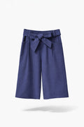Girls Navy Denim-Look Wide-Leg Culotte Pants with Self-Tie Bow Belt