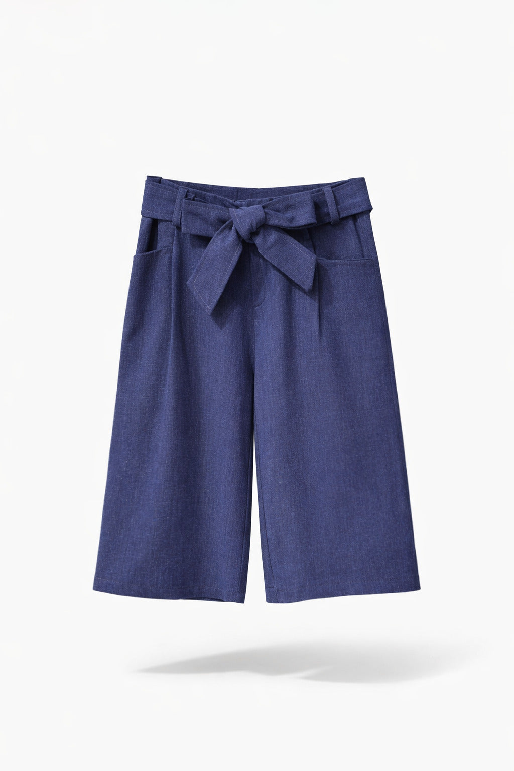 Girls Navy Denim-Look Wide-Leg Culotte Pants with Self-Tie Bow Belt