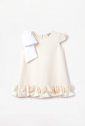 Girls Cream Flutter-Sleeve Occasion Dress with 3D Origami Petal Hem & Structured White Bow