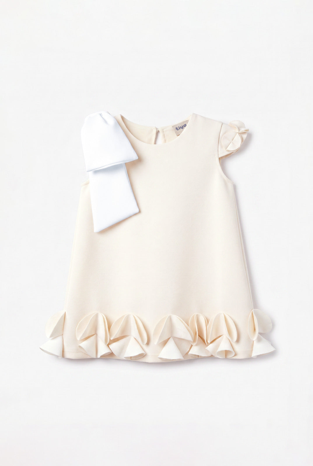 Girls Cream Flutter-Sleeve Occasion Dress with 3D Origami Petal Hem & Structured White Bow