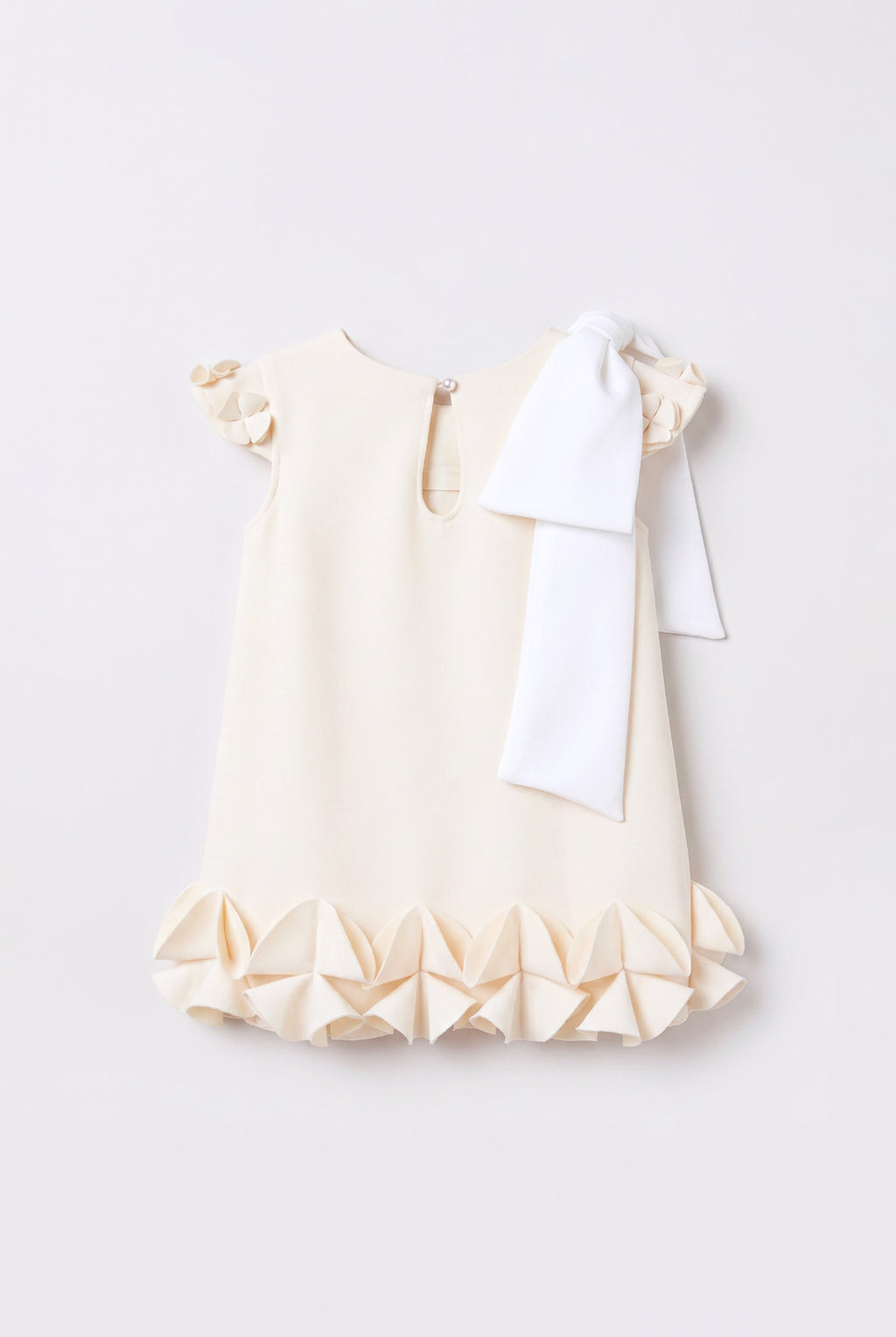 Girls Cream Flutter-Sleeve Occasion Dress with 3D Origami Petal Hem & Structured White Bow