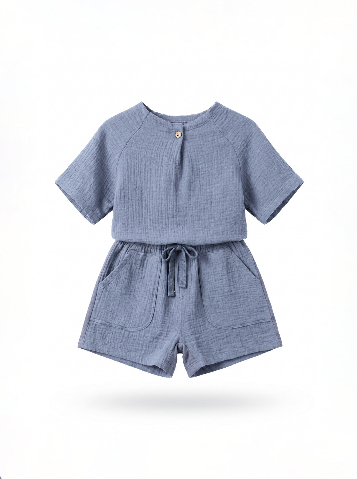 Baby Boy Steel Blue Muslin Button-Neck T-Shirt & Shorts Set