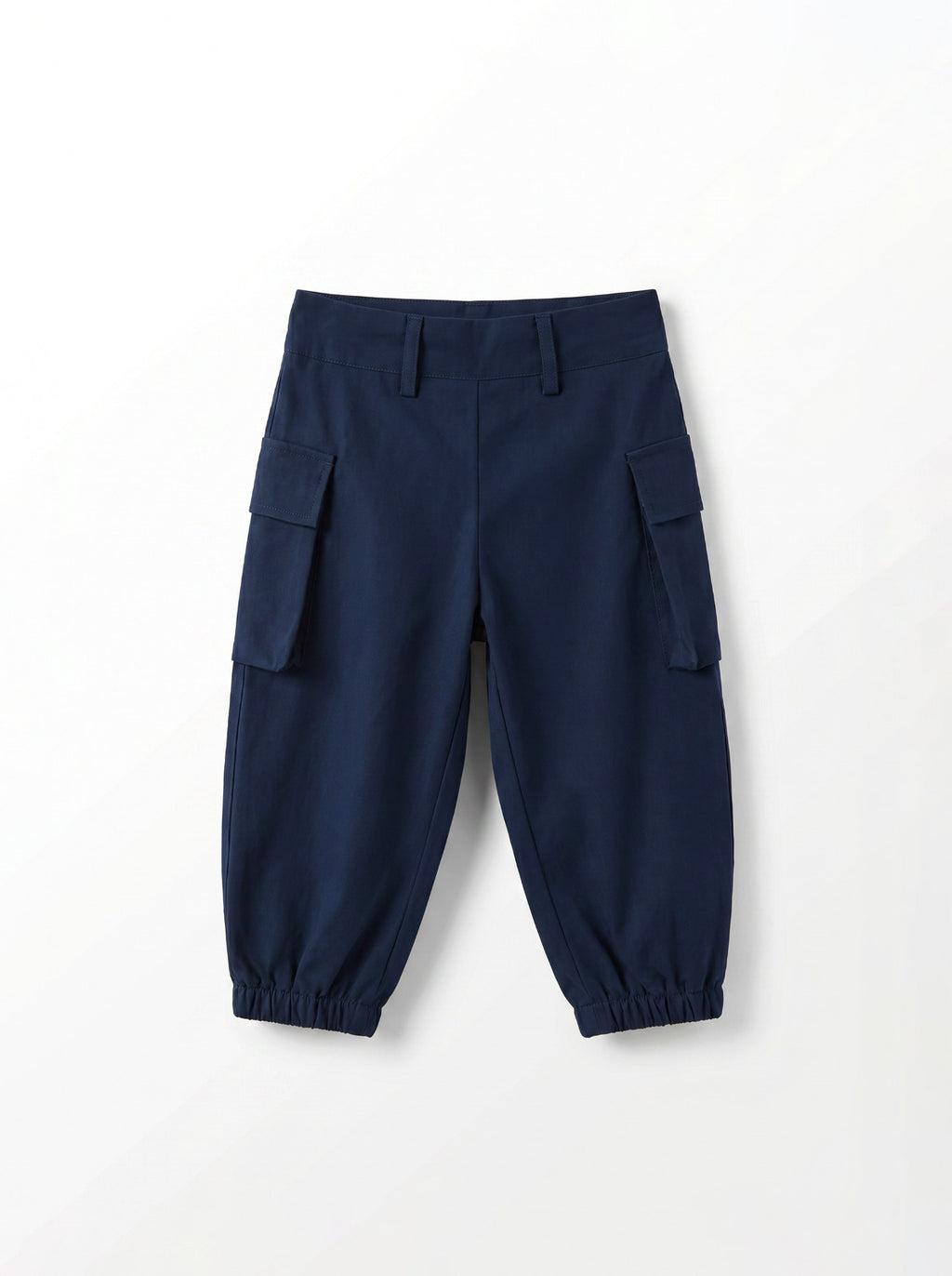 Girls Navy Balloon-Leg Cargo Trousers with Gold Button Flap Pockets