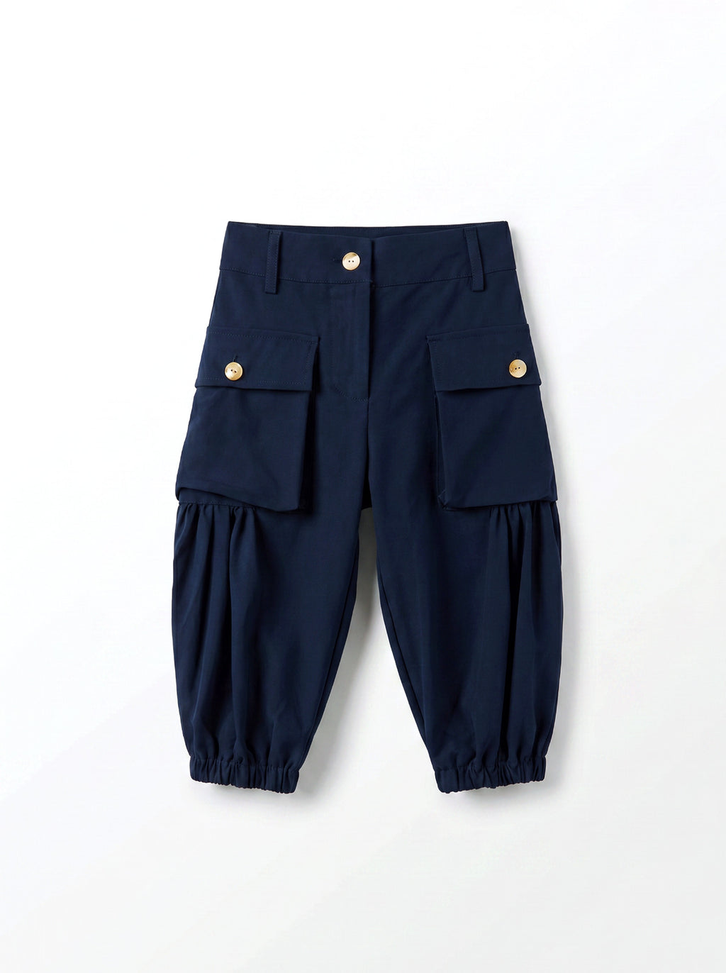 Girls Navy Balloon-Leg Cargo Trousers with Gold Button Flap Pockets