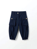 Girls Navy Balloon-Leg Cargo Trousers with Gold Button Flap Pockets