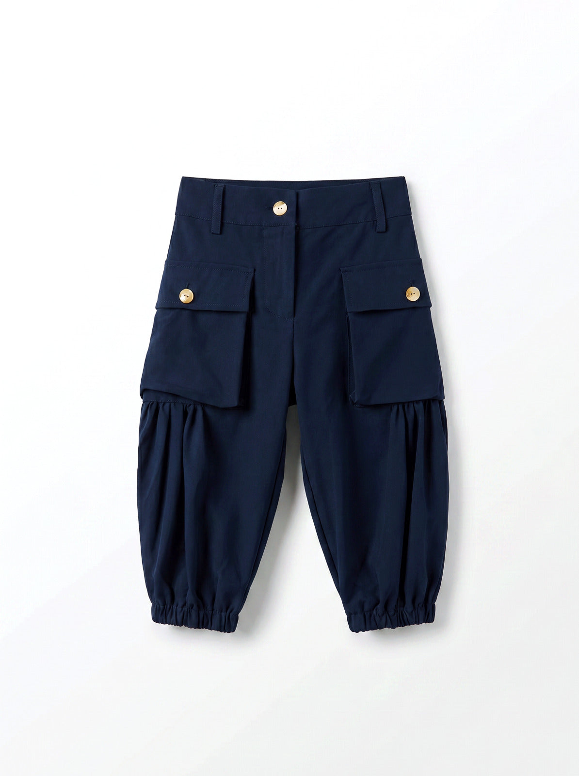 Girls Navy Balloon-Leg Cargo Trousers with Gold Button Flap Pockets