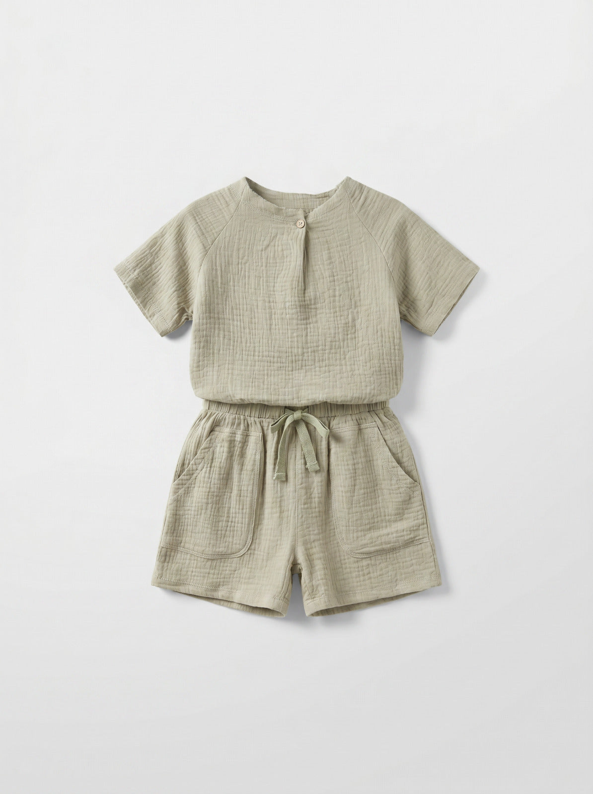 Baby Boy Sage Green Muslin Button-Neck T-Shirt & Shorts Set