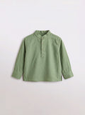 Boys Sage Green Long-Sleeve Clip-Dot Mandarin Collar Shirt