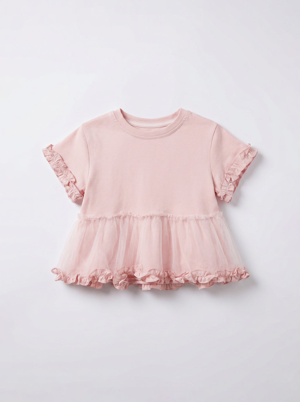 Girls Pink Tulle Peplum T-Shirt with Ruffle Trim