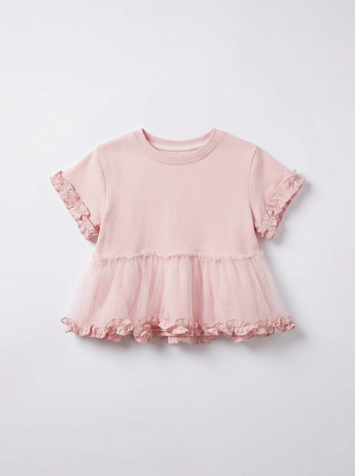 Girls Pink Tulle Peplum T-Shirt with Ruffle Trim