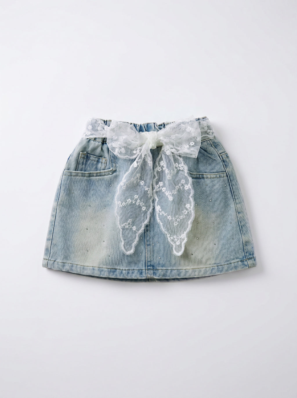 Girls Blue Denim Mini Skirt with Lace Bow and Rhinestones