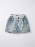 Girls Blue Denim Mini Skirt with Lace Bow and Rhinestones
