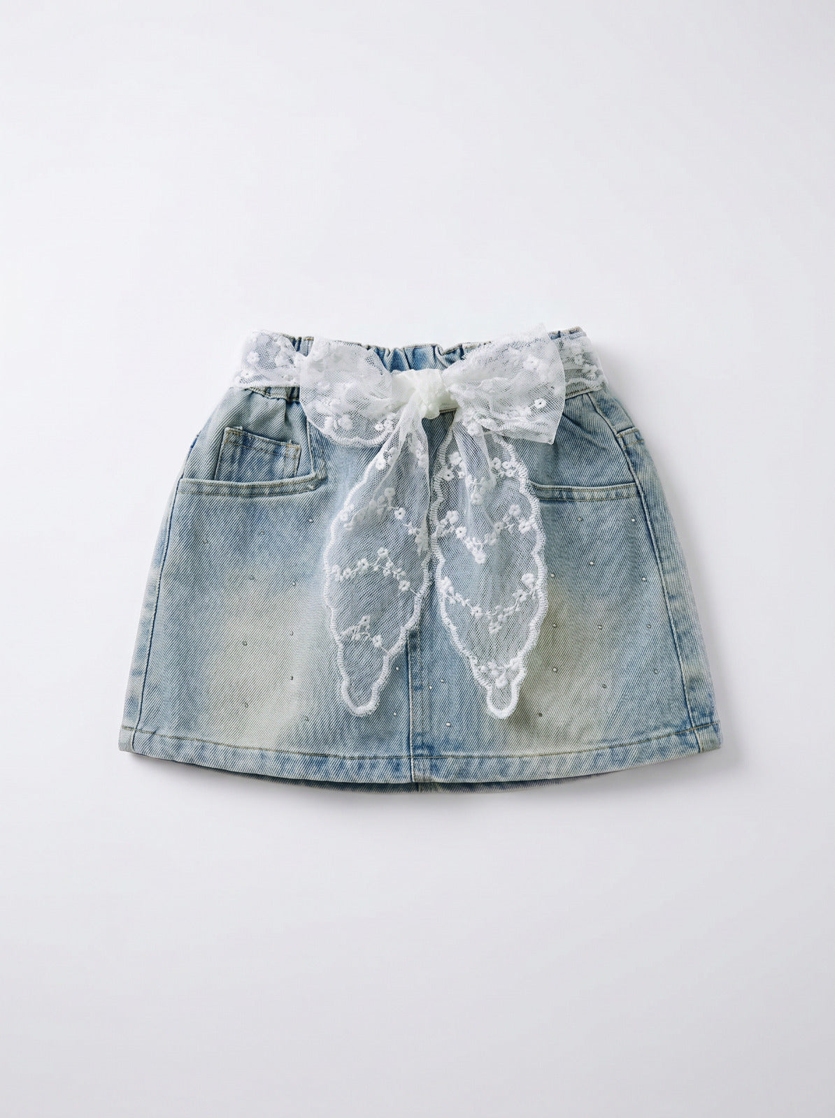 Girls Blue Denim Mini Skirt with Lace Bow and Rhinestones