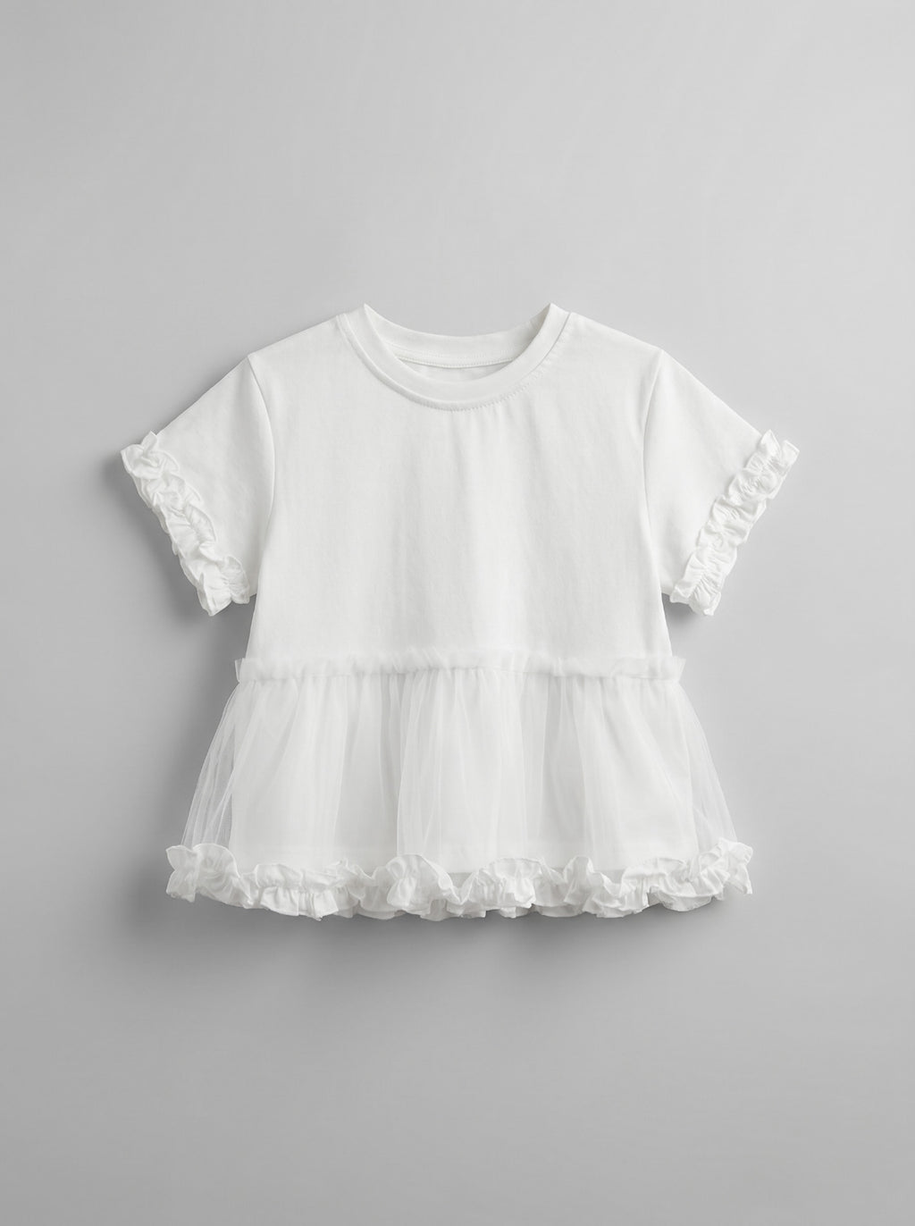 Girls White Ruffle-Sleeve Tulle Peplum Top
