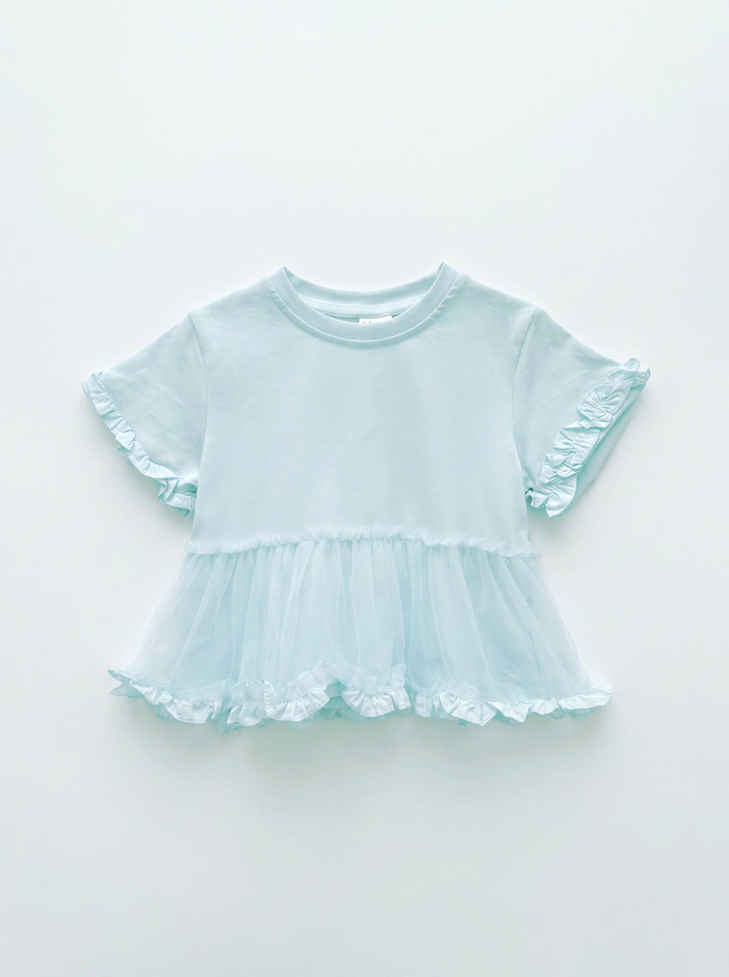 Girls Mint Blue Ruffle-Sleeve Tulle Peplum Top