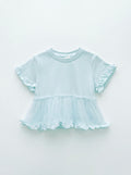 Girls Mint Blue Ruffle-Sleeve Tulle Peplum Top