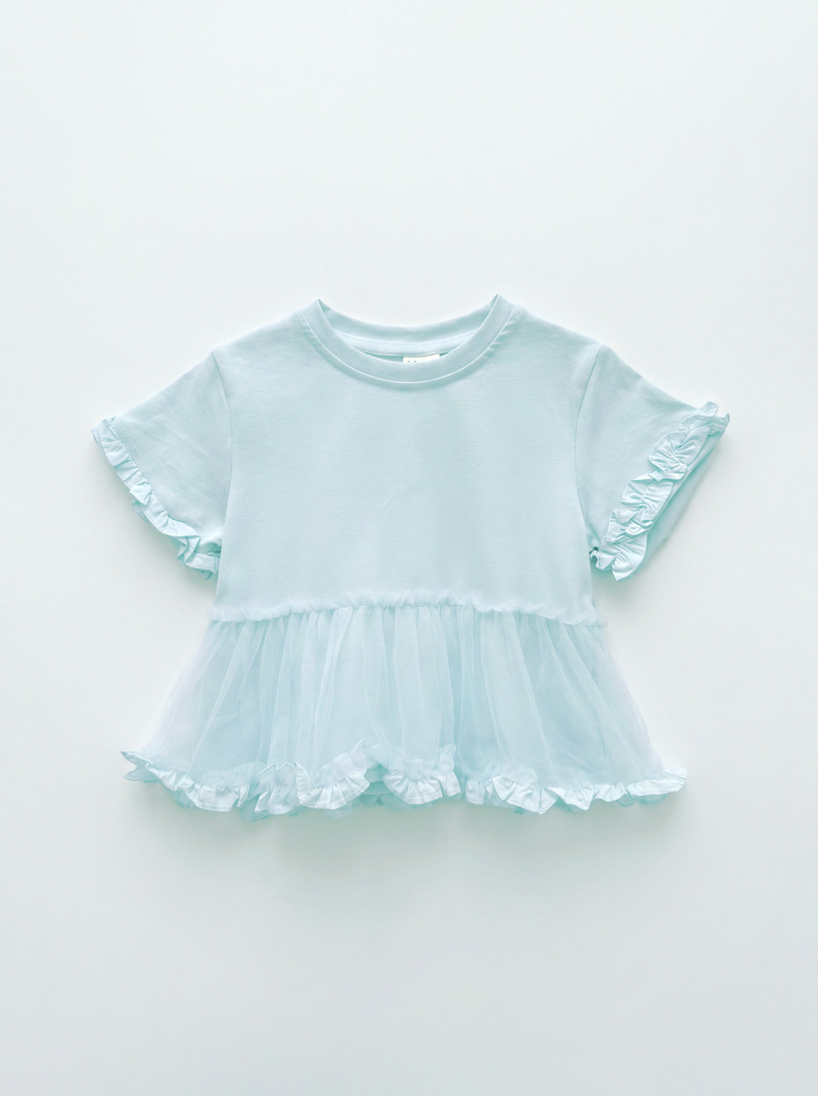 Girls Mint Blue Ruffle-Sleeve Tulle Peplum Top