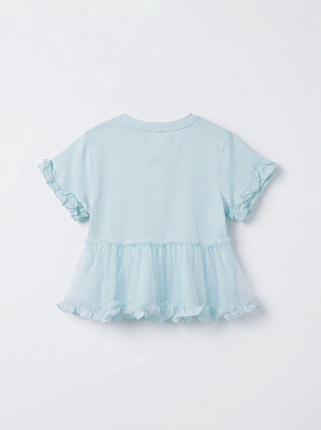Girls Mint Blue Ruffle-Sleeve Tulle Peplum Top