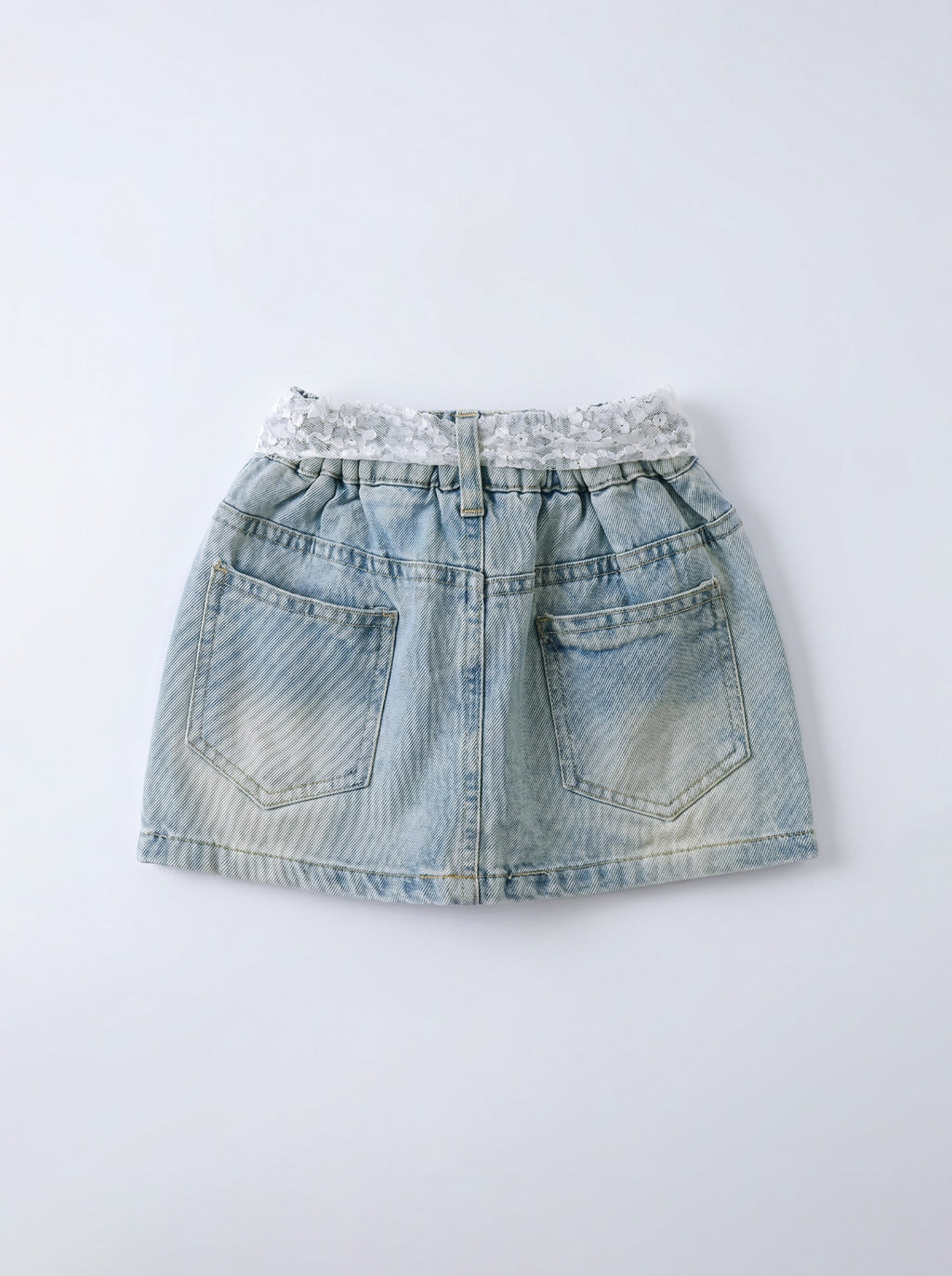 Girls Blue Denim Mini Skirt with Lace Bow and Rhinestones