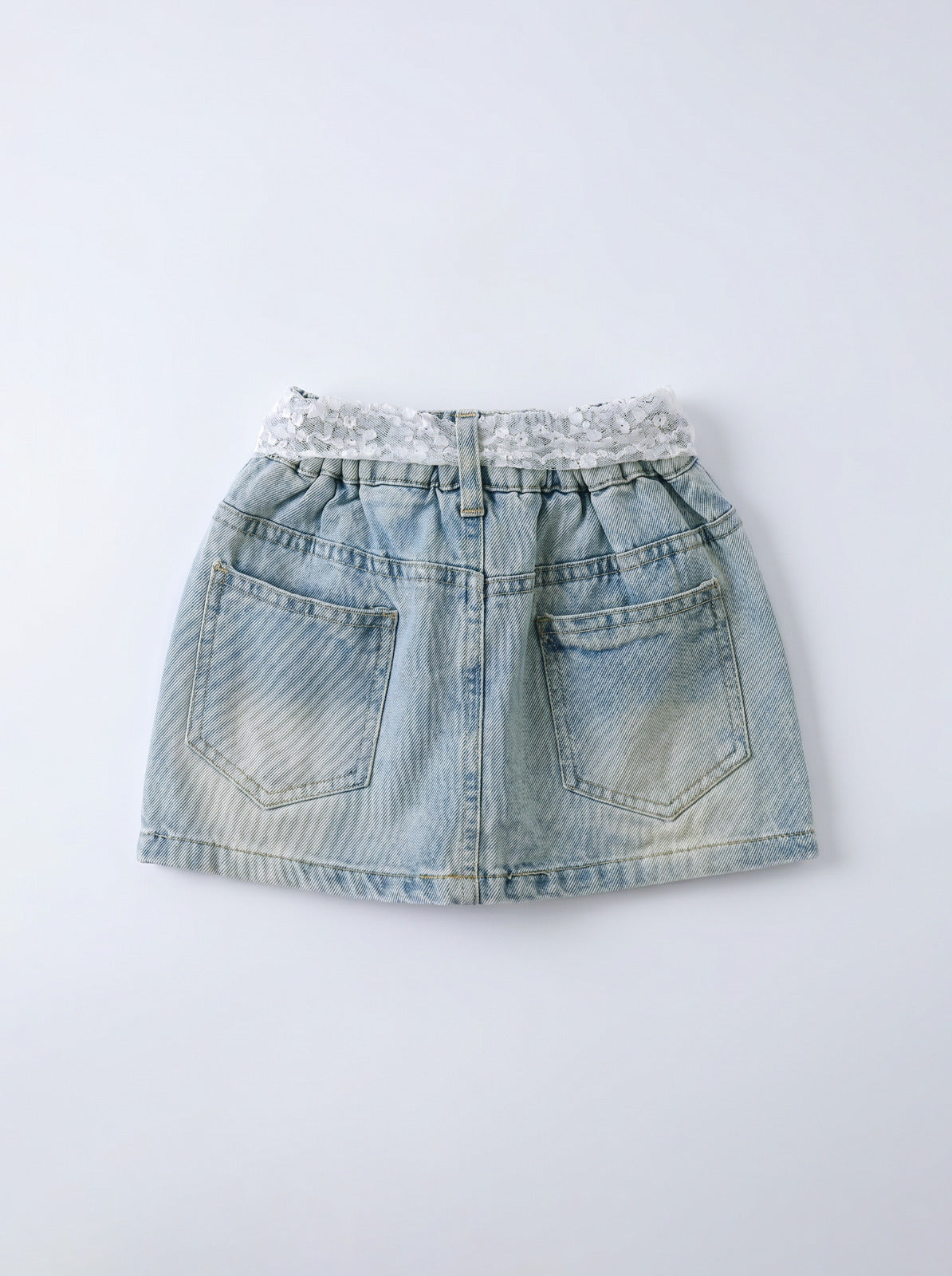 Girls Blue Denim Mini Skirt with Lace Bow and Rhinestones