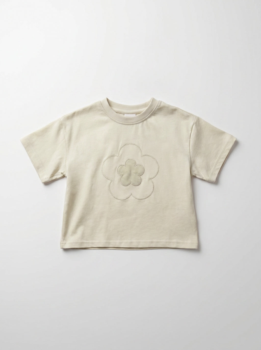 Boys Beige Flower Applique Crew-Neck Tee
