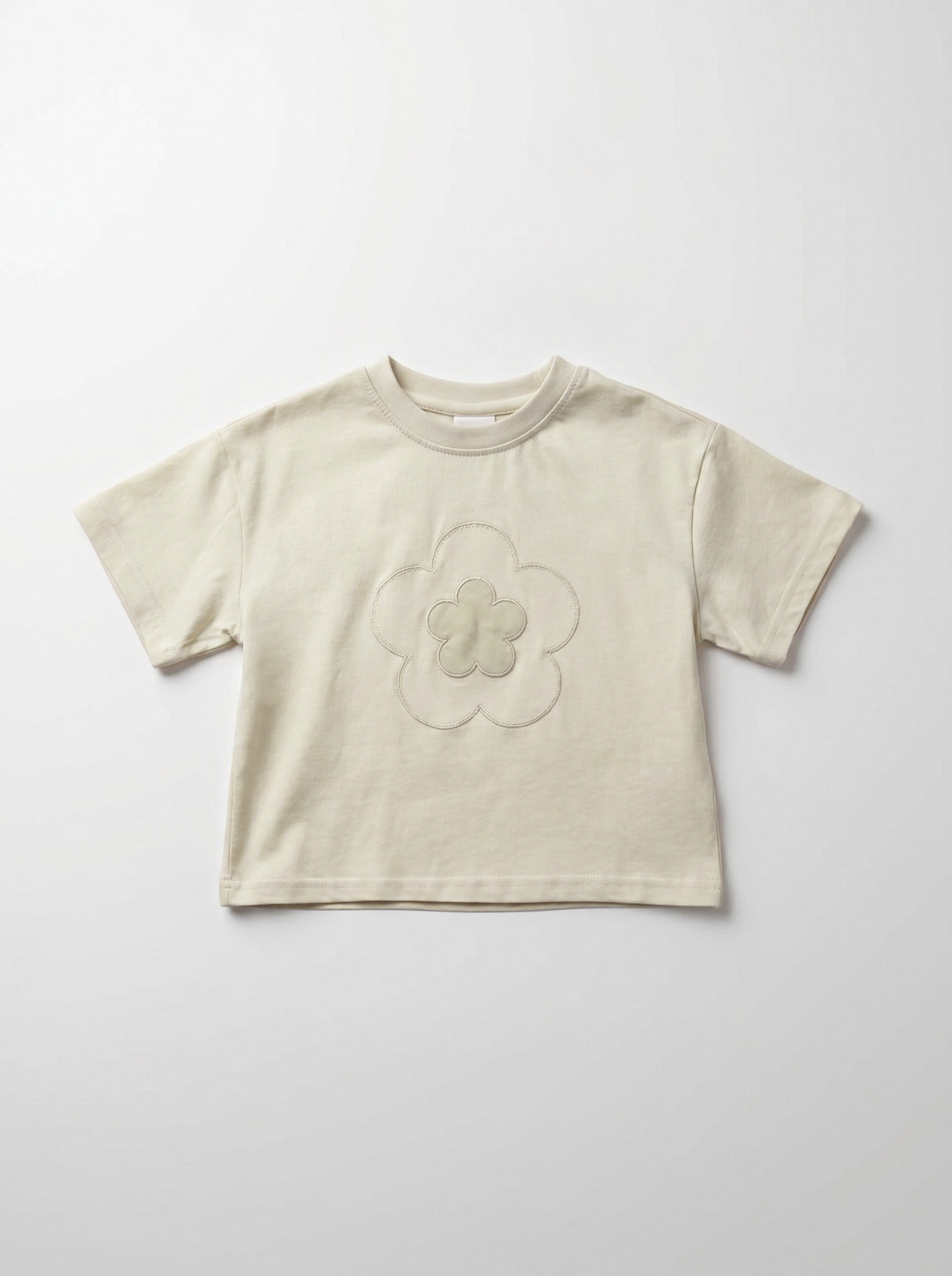 Boys Beige Flower Applique Crew-Neck Tee