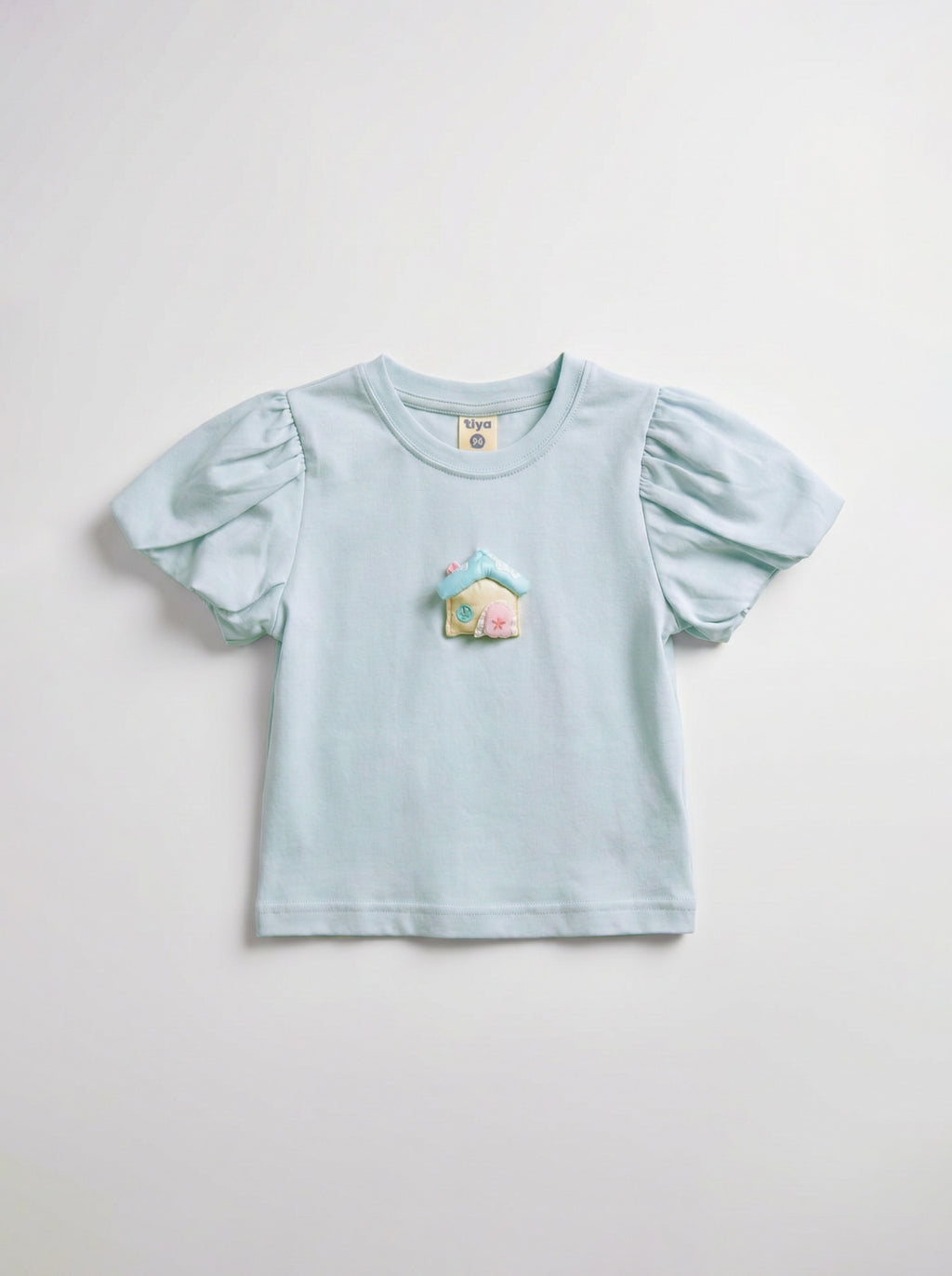 Girls Mint Blue Puff-Sleeve Tee with 3D House Applique