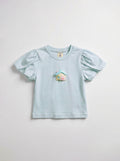 Girls Mint Blue Puff-Sleeve Tee with 3D House Applique