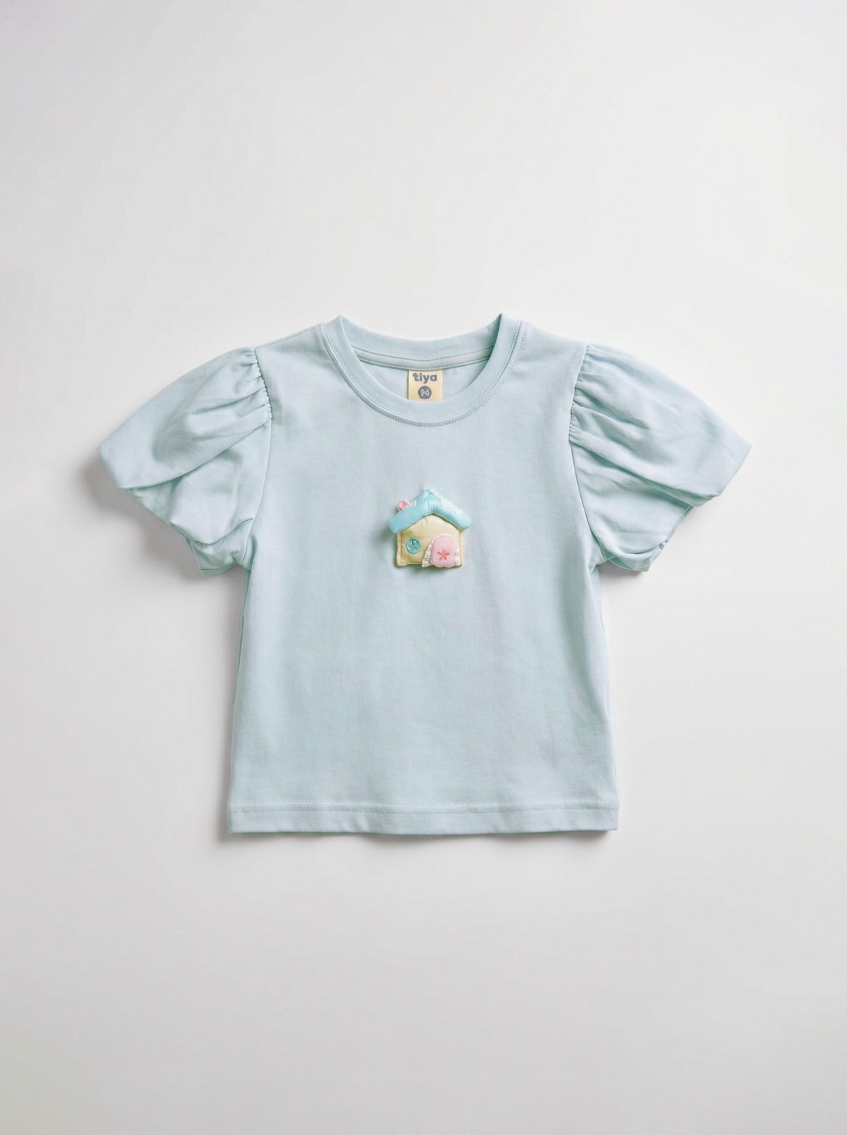 Girls Mint Blue Puff-Sleeve Tee with 3D House Applique