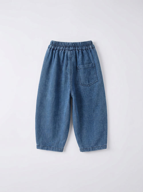 Boys Blue Denim Barrel-Leg Pull-On Jeans