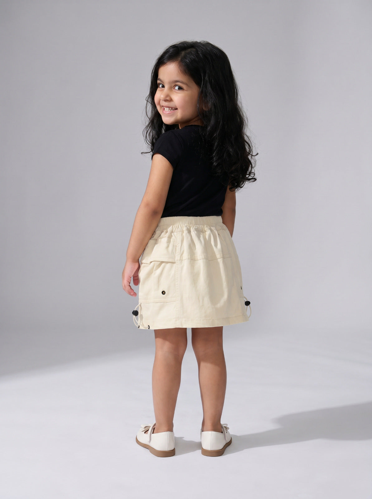 Girls Beige Flowy Elastic-Waist Pull-On Skirt