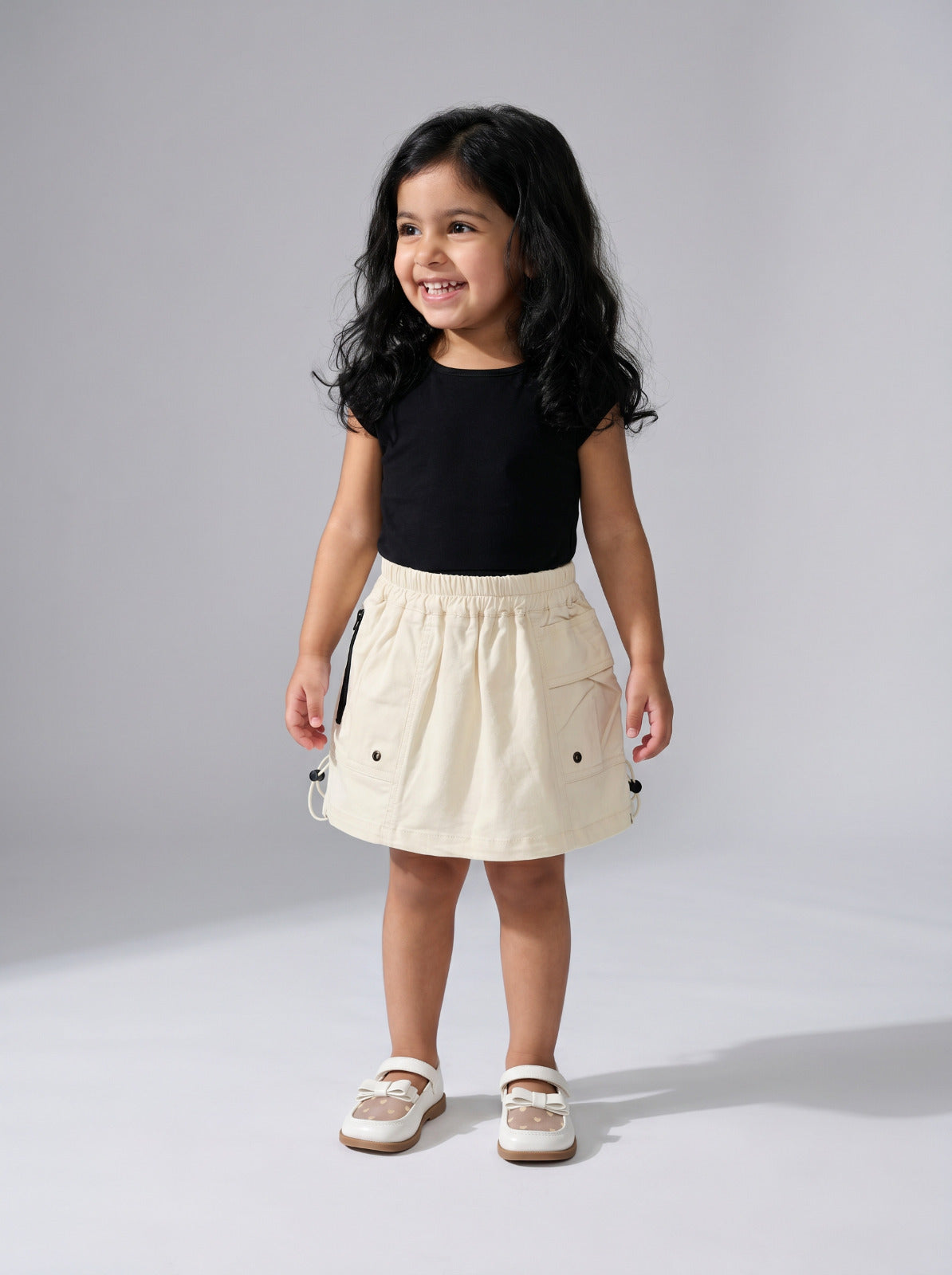 Girls Beige Flowy Elastic-Waist Pull-On Skirt