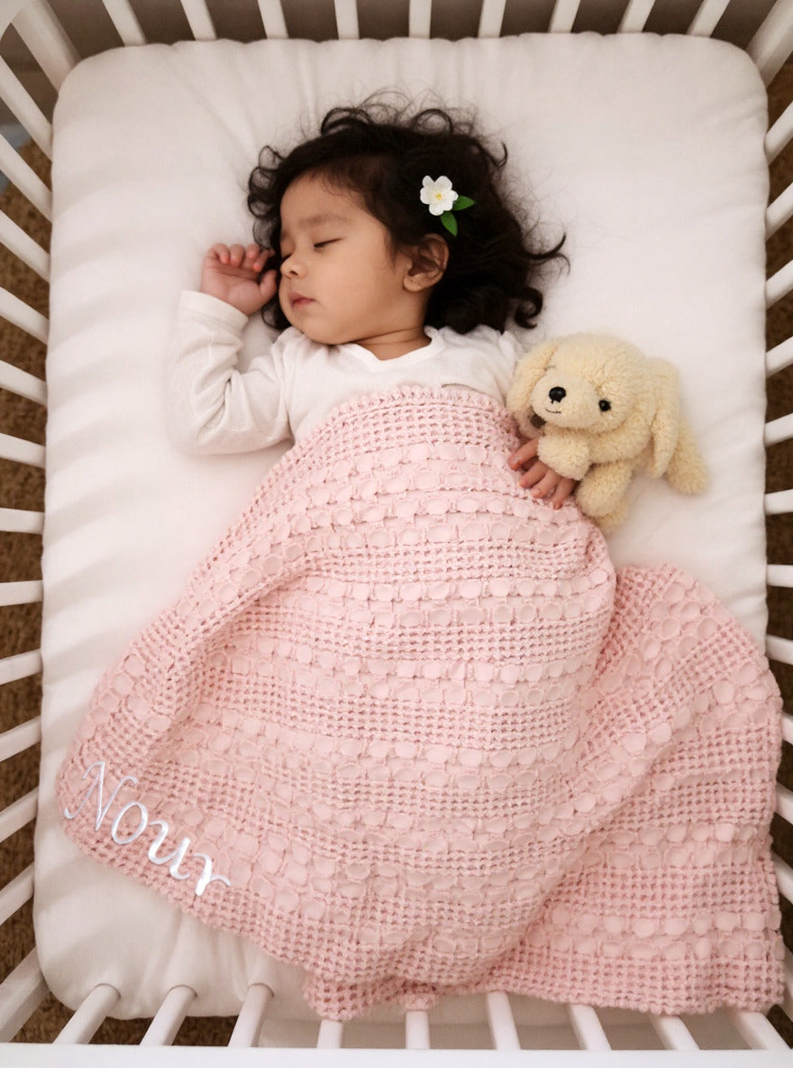 Baby Personalised Name Embroidery Waffle Blanket – Multiple Colours