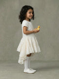 Girls Cream Cap-Sleeve Cascading Multi-Tier Ruffle Asymmetric Hi-Low Dress
