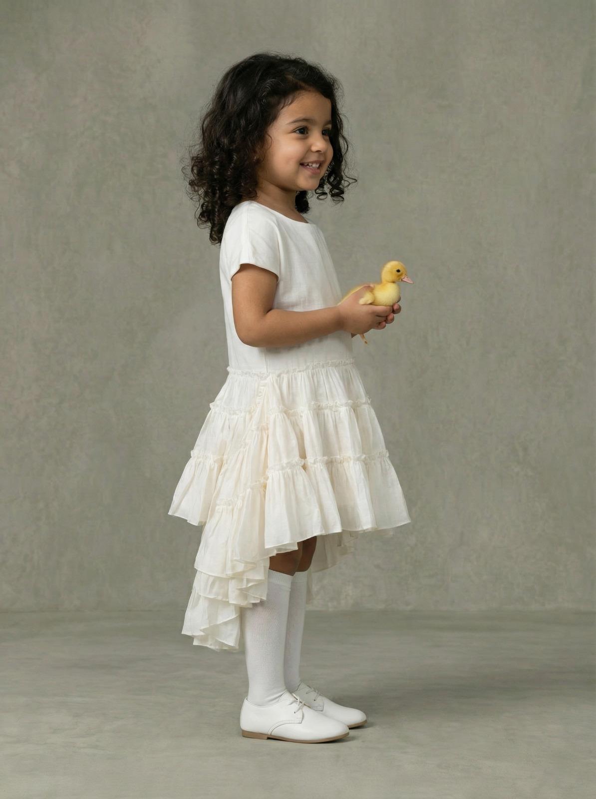 Girls Cream Cap-Sleeve Cascading Multi-Tier Ruffle Asymmetric Hi-Low Dress