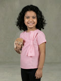 Girls Baby Pink Short-Sleeve Pleated Front Blouse with Oversized 3D Fabric Bow