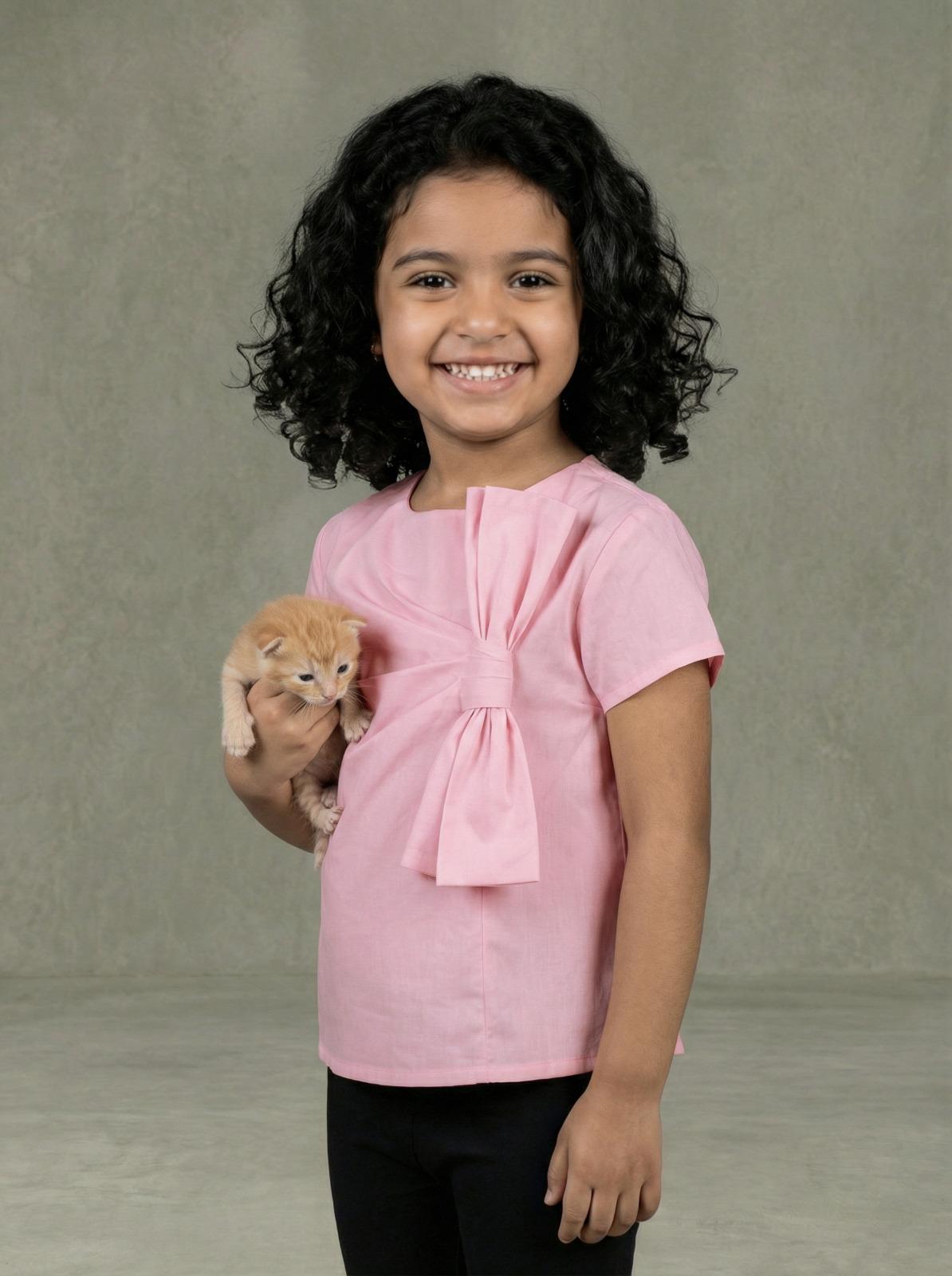 Girls Baby Pink Short-Sleeve Pleated Front Blouse with Oversized 3D Fabric Bow