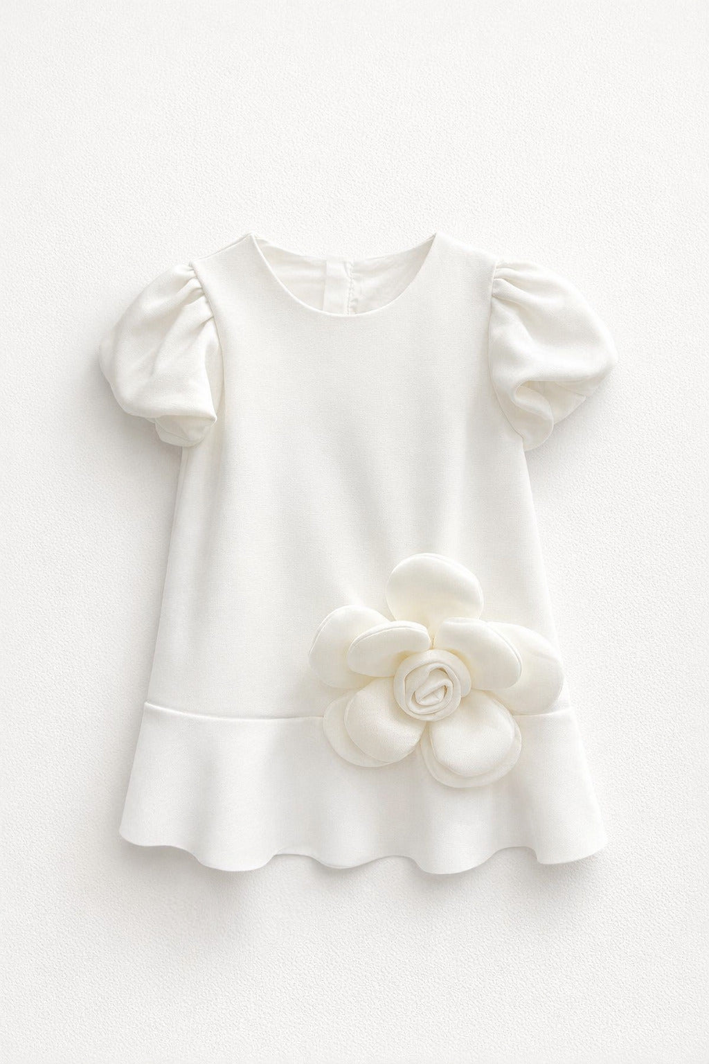 Girls White Puff-Sleeve Drop-Waist Mini Dress with Oversized 3D White Rose Appliqué
