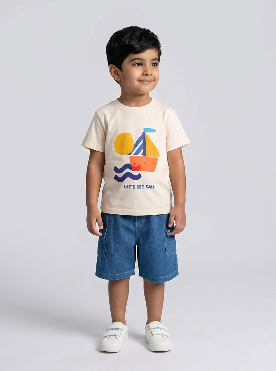 Baby Boy Cream Sailboat Print T-Shirt & Denim Shorts Set